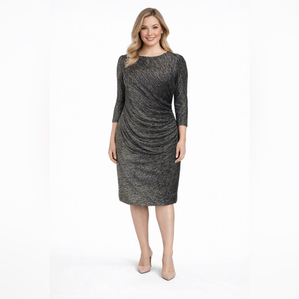 R&M Richards Dress 14 Silver Black Shimmer Stretch Cruise Party Wedding NEW